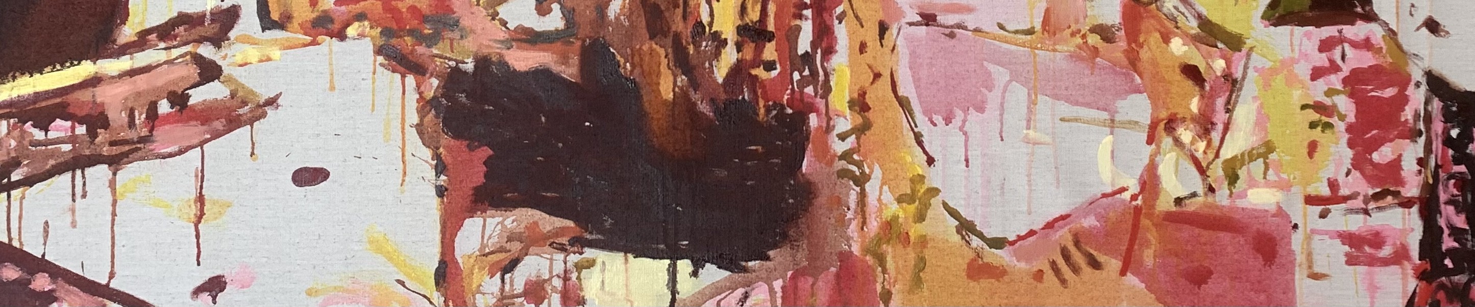 Panoramic abstract artwork in pink, ochre, black, and white by Hilde Vanhees